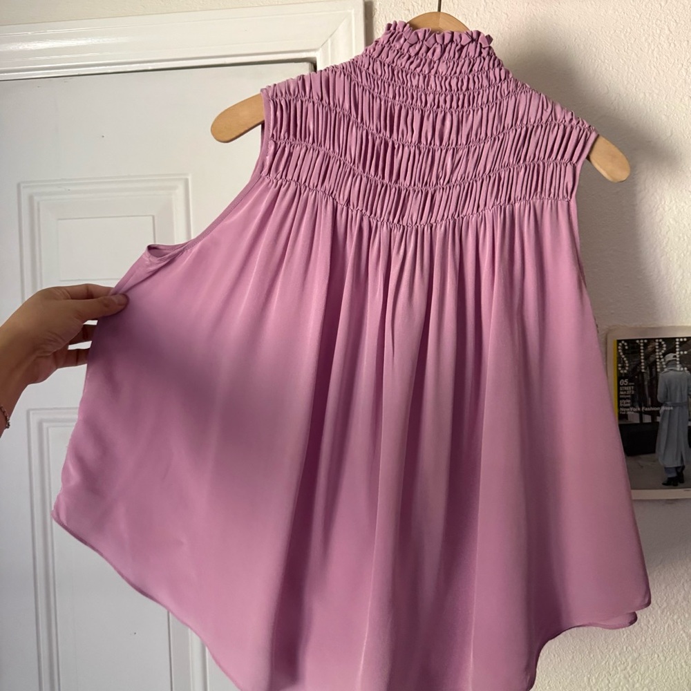 FRAME lavender lilac pink purple silk smocked‎ ruched high neck blouse tank - Picture 3 of 5